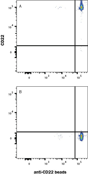 Fluorescent beads conjugated to anti-Human Siglec 2/CD22 Monoclonal Antibody were stained with (A) Recombinant Human Siglec 2/CD22 Protein, Atto 647N Conjugate or (B) unstained.